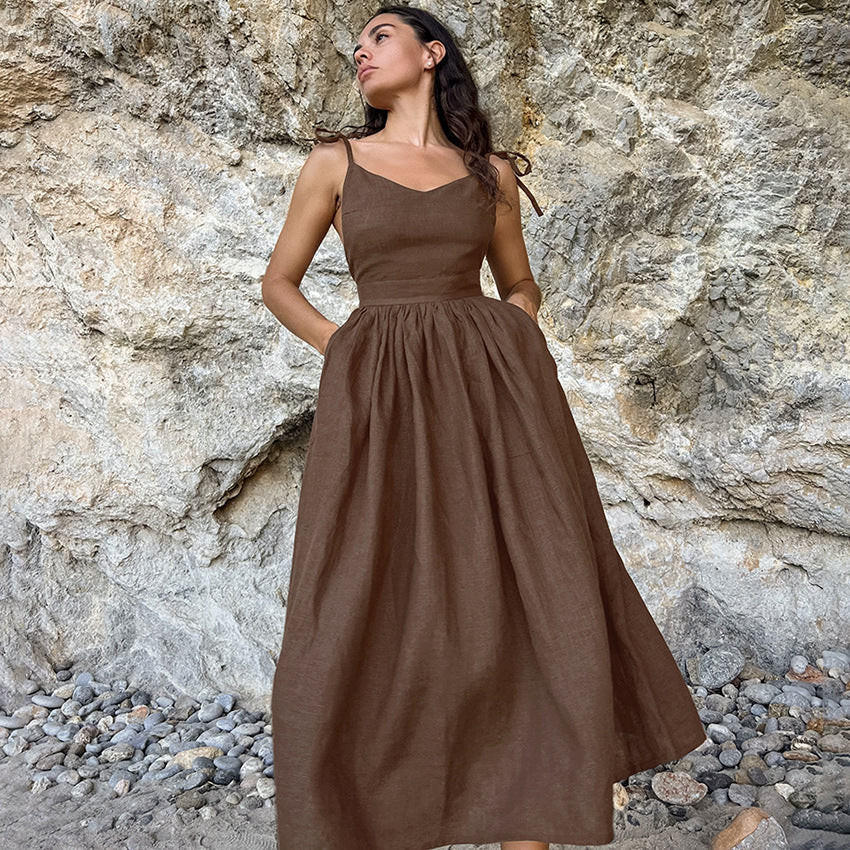 Robe longue à bretelles taille haute