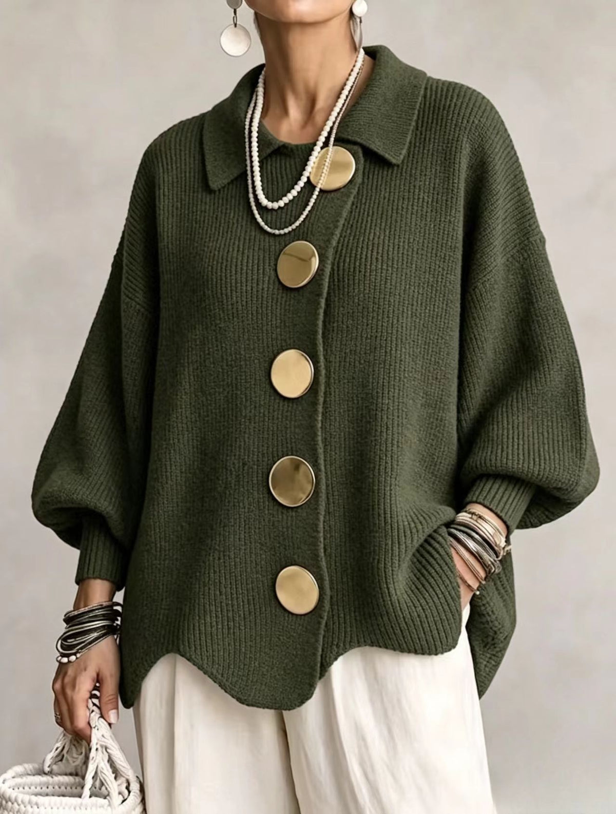 Cardigan Joséphine – Maille côtelée oversize à boutons dorés – vue 13