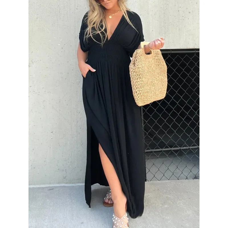 Robe longue col V manches chauve-souris – vue 6