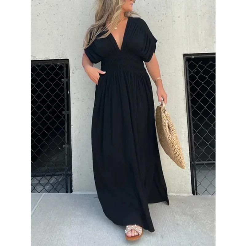 Robe longue col V manches chauve-souris – vue 2