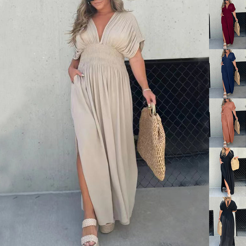 Robe longue col V manches chauve-souris