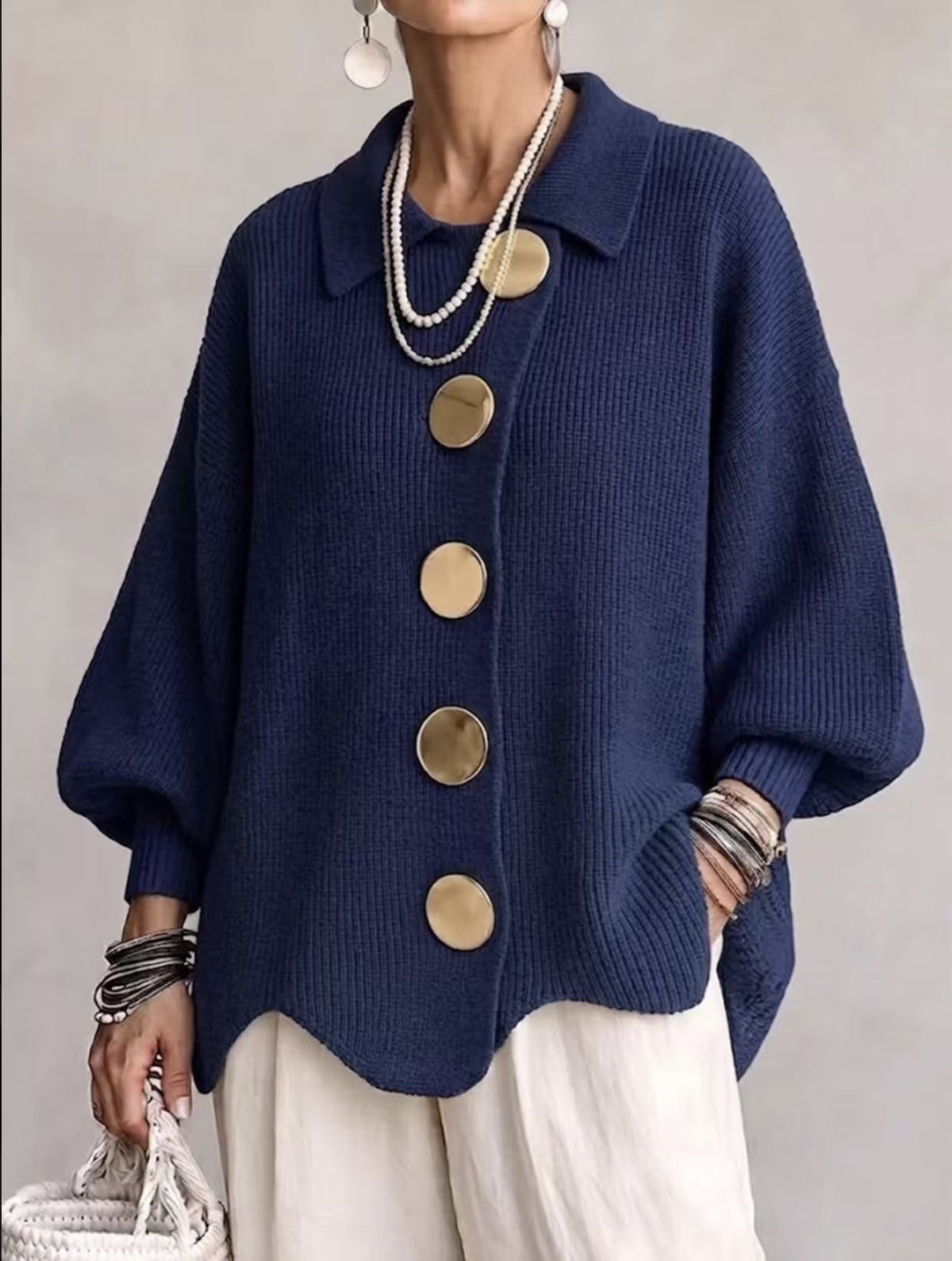 Cardigan Joséphine – Maille côtelée oversize à boutons dorés – vue 6