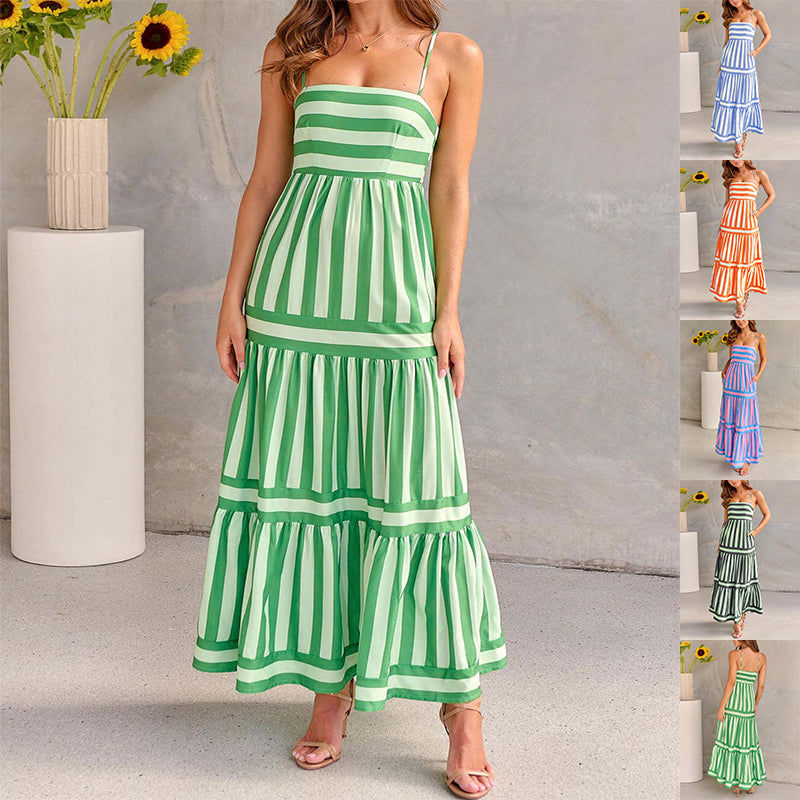 Robe longue rayée à col carré et poches