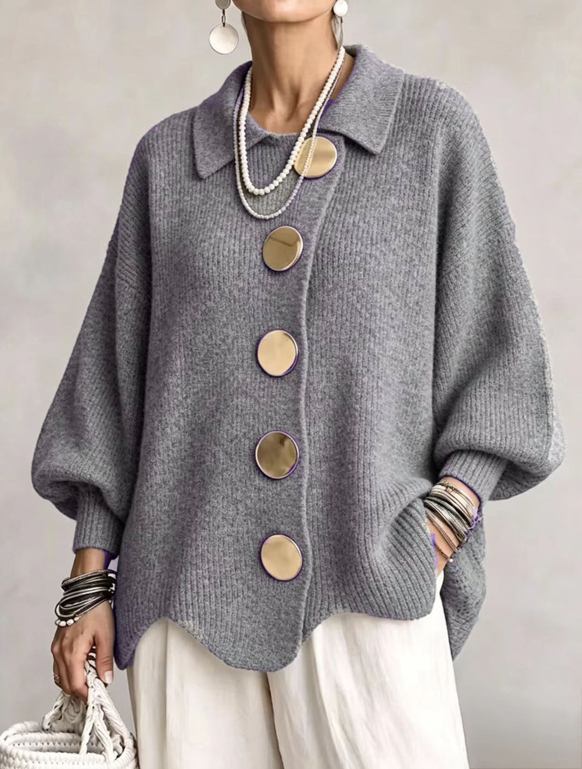Cardigan Joséphine – Maille côtelée oversize à boutons dorés – vue 14