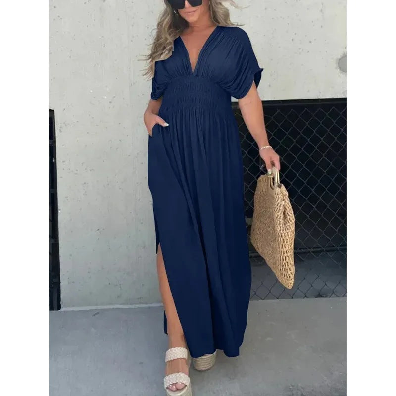 Robe longue col V manches chauve-souris – vue 4