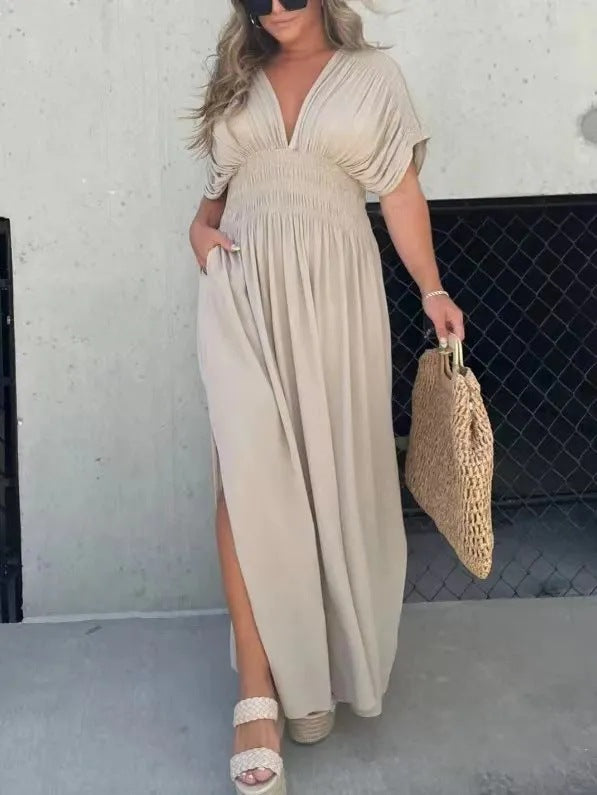 Robe longue col V manches chauve-souris – vue 7