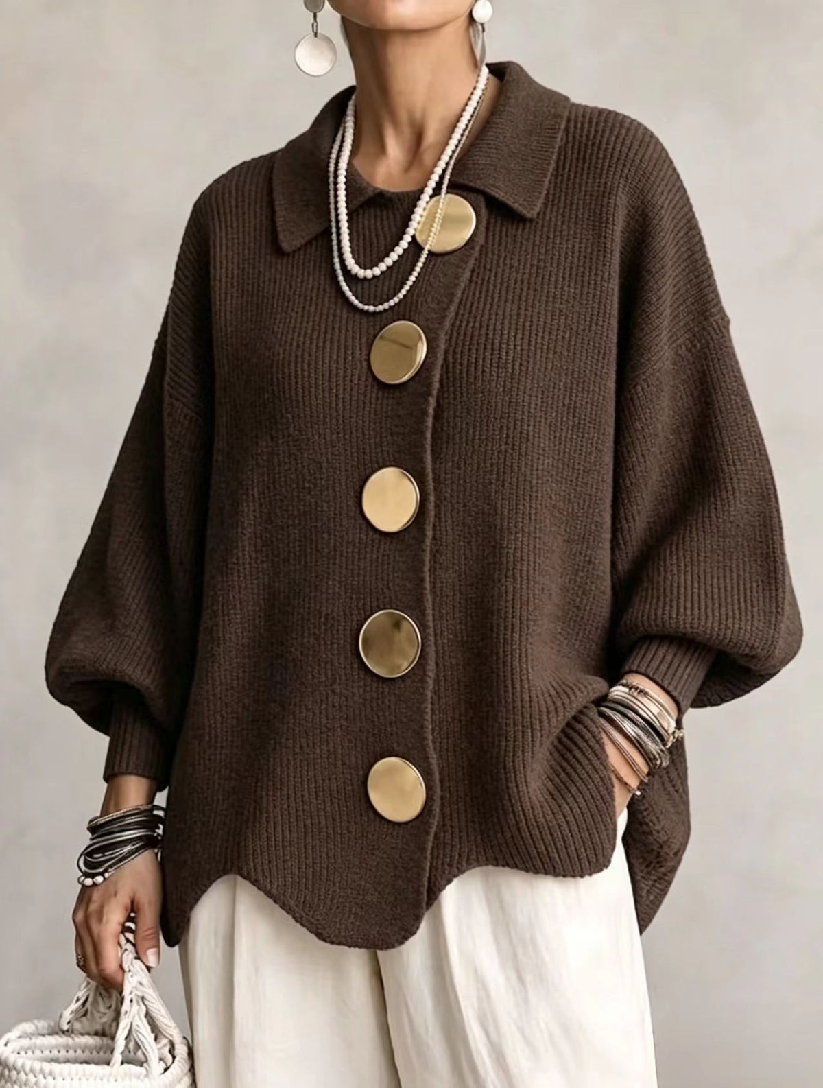Cardigan Joséphine – Maille côtelée oversize à boutons dorés – vue 4