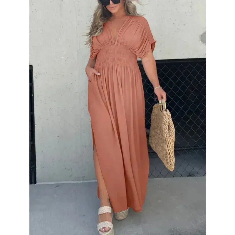 Robe longue col V manches chauve-souris – vue 5