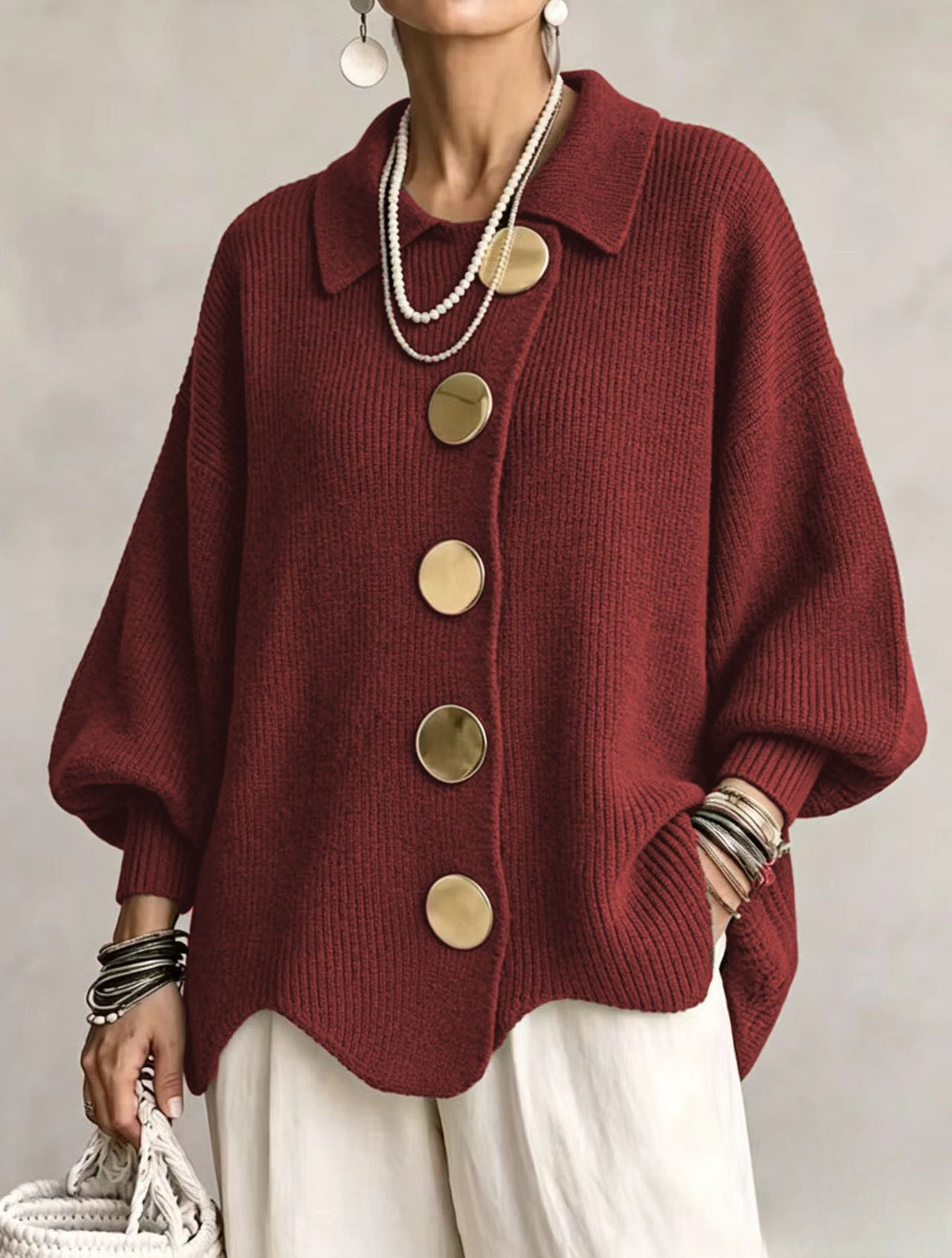Cardigan Joséphine – Maille côtelée oversize à boutons dorés – vue 9