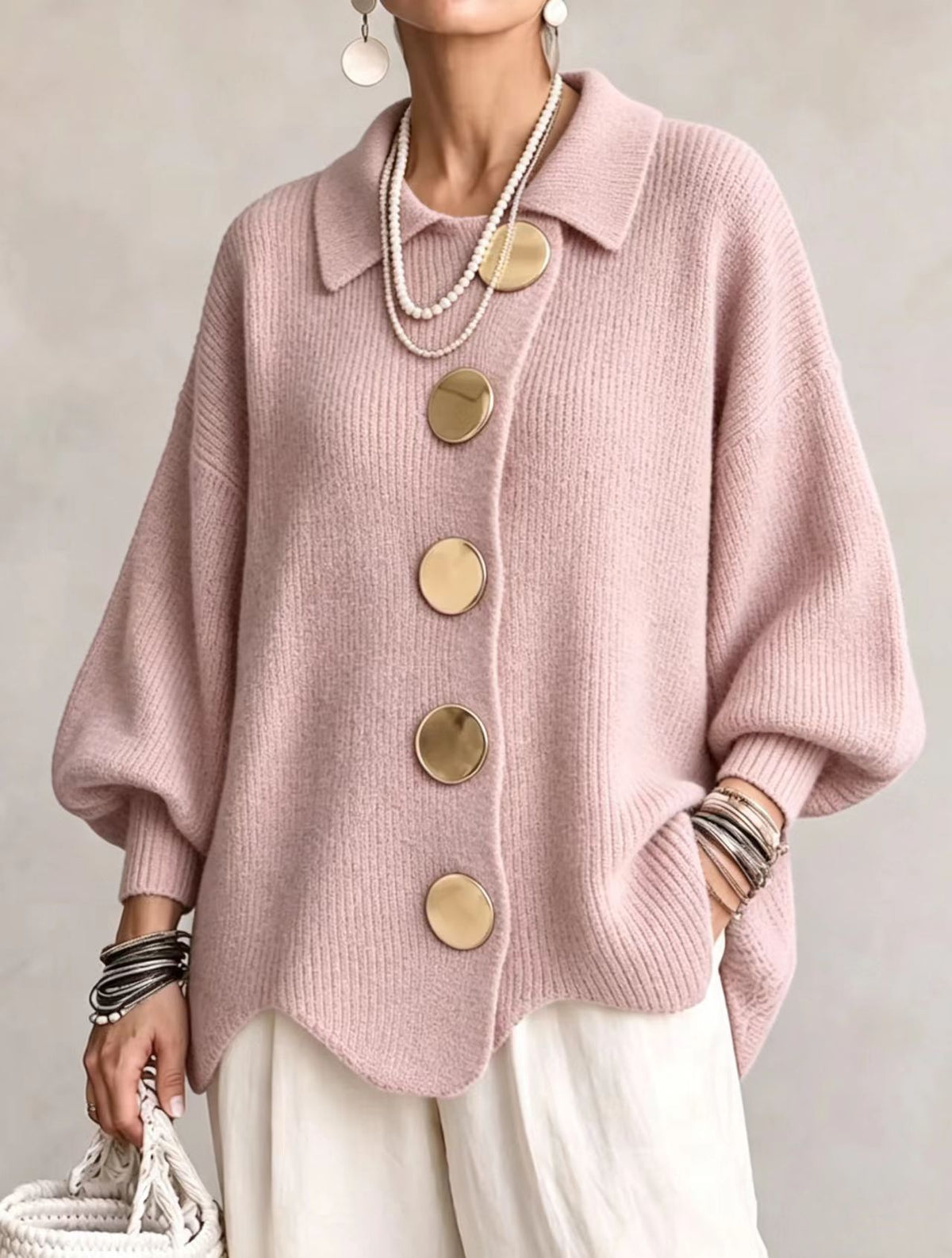 Cardigan Joséphine – Maille côtelée oversize à boutons dorés – vue 7