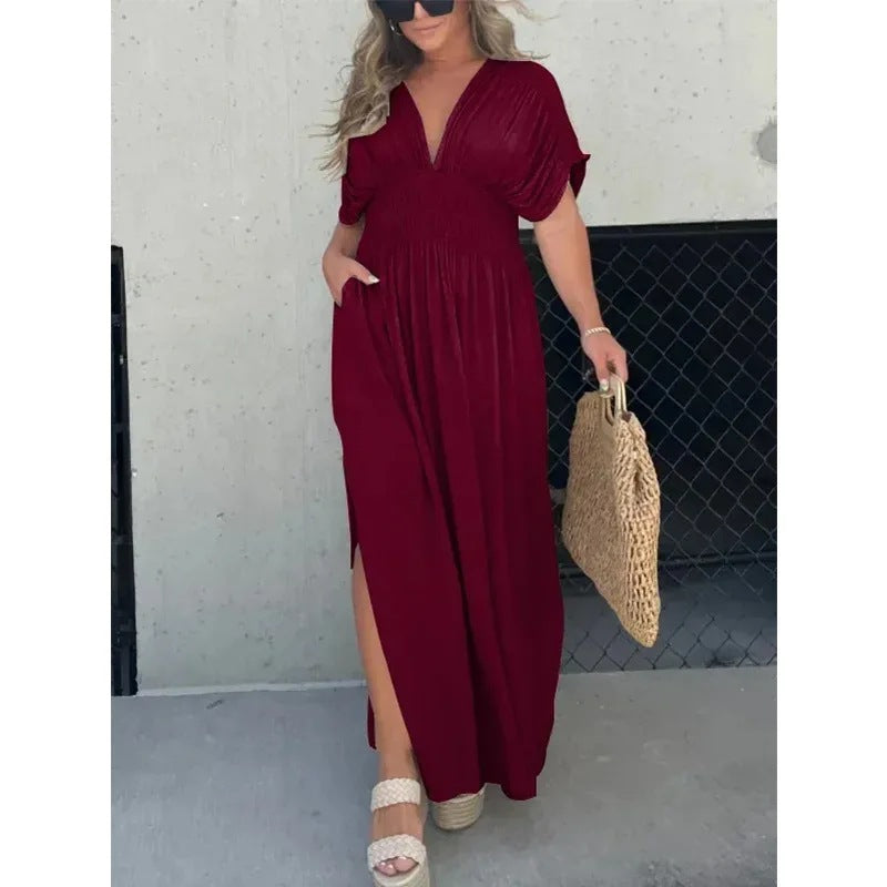 Robe longue col V manches chauve-souris – vue 3
