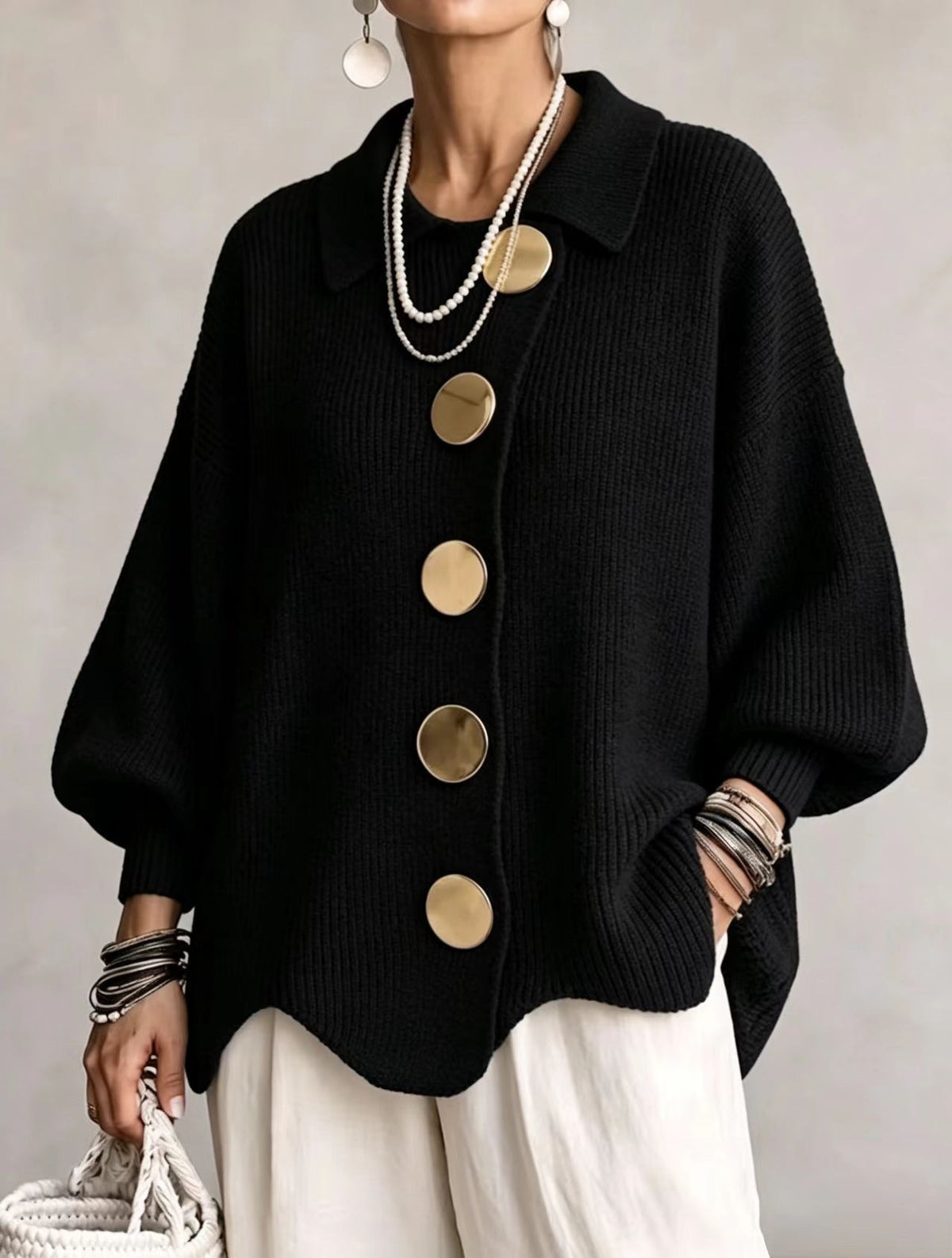 Cardigan Joséphine – Maille côtelée oversize à boutons dorés – vue 11