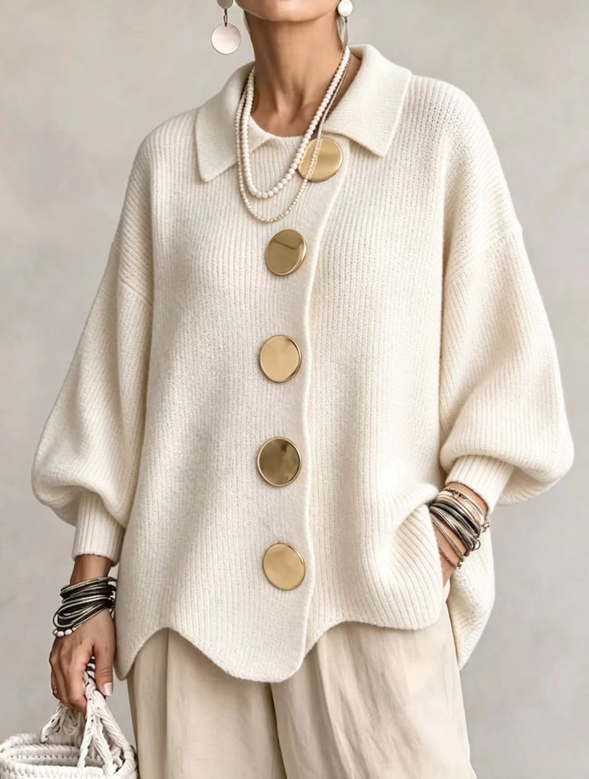 Cardigan Joséphine – Maille côtelée oversize à boutons dorés – vue 3