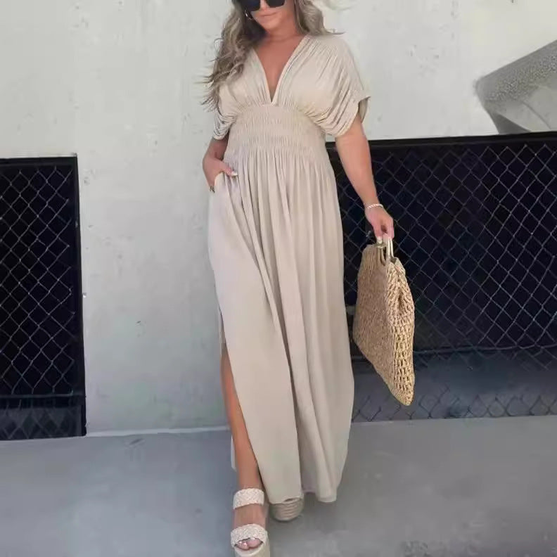 Robe longue col V manches chauve-souris – vue 8