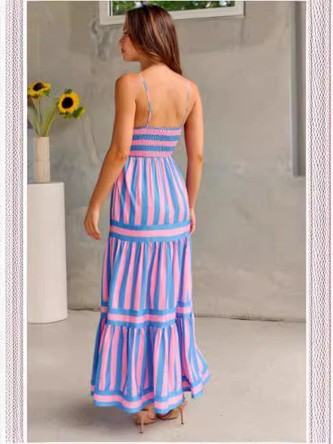 Robe longue rayée à col carré et poches – vue 6