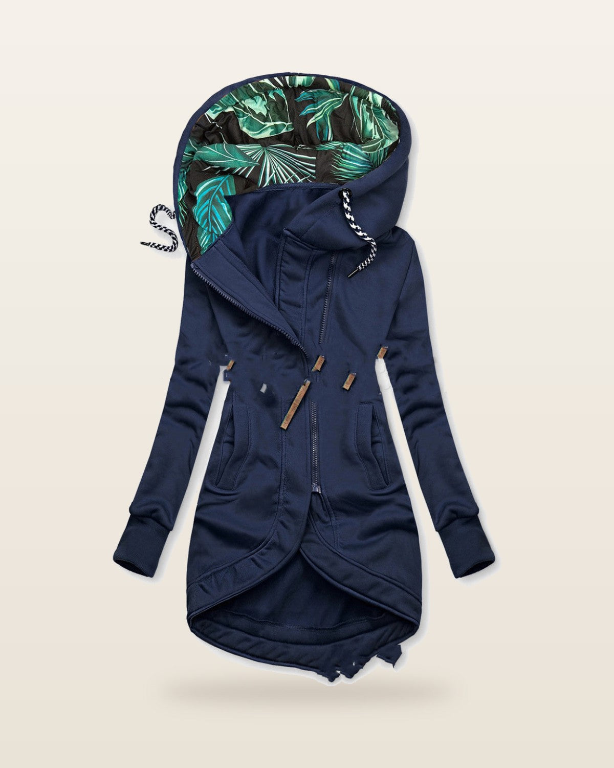 Veste longue zippée à capuche, doublure imprimée