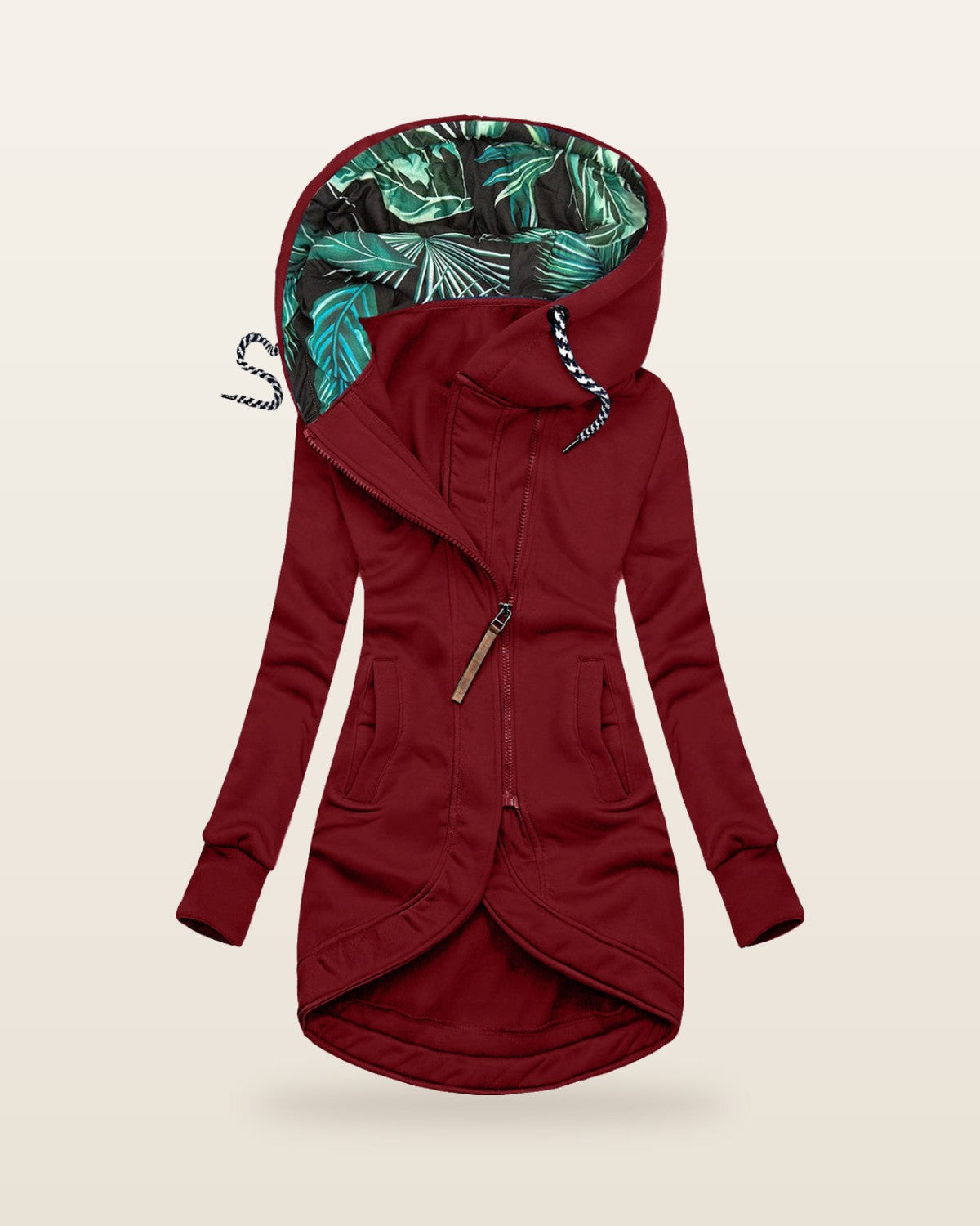 Veste longue zippée à capuche, doublure imprimée