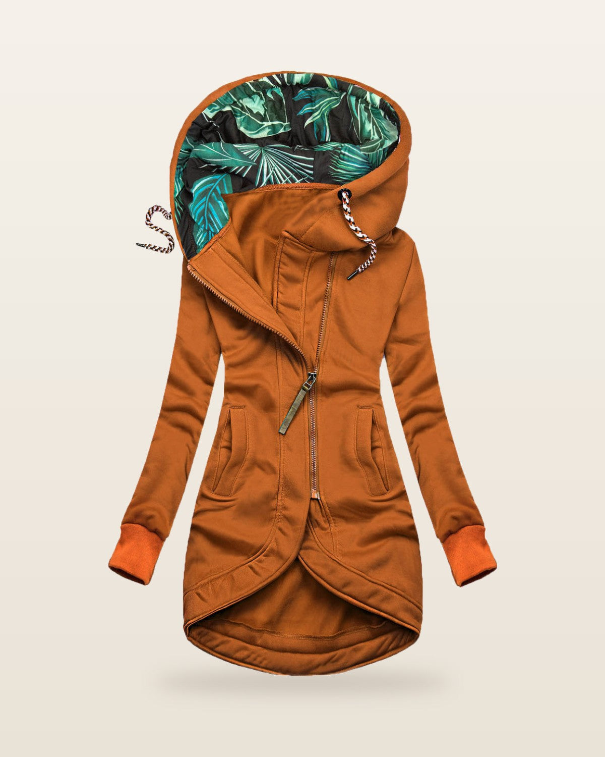 Veste longue zippée à capuche, doublure imprimée