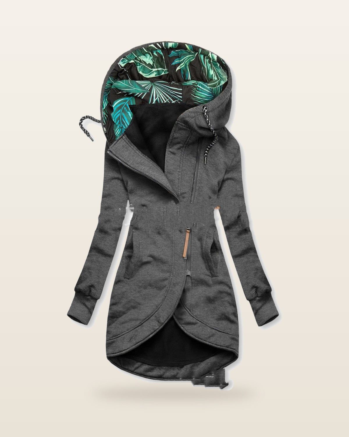Veste longue zippée à capuche, doublure imprimée