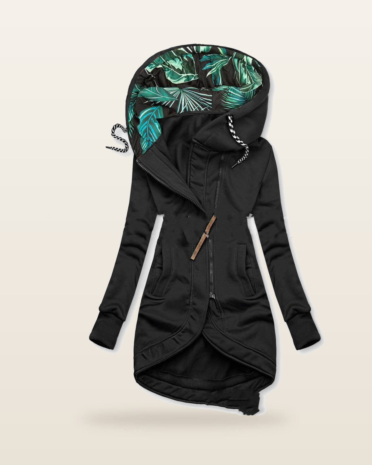 Veste longue zippée à capuche, doublure imprimée