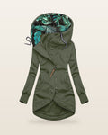 Veste longue zippée à capuche, doublure imprimée